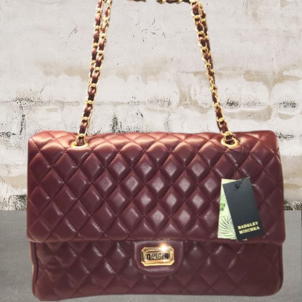 Badgley Mischka Purple Quilted Crossbody Bag with Gold Chain